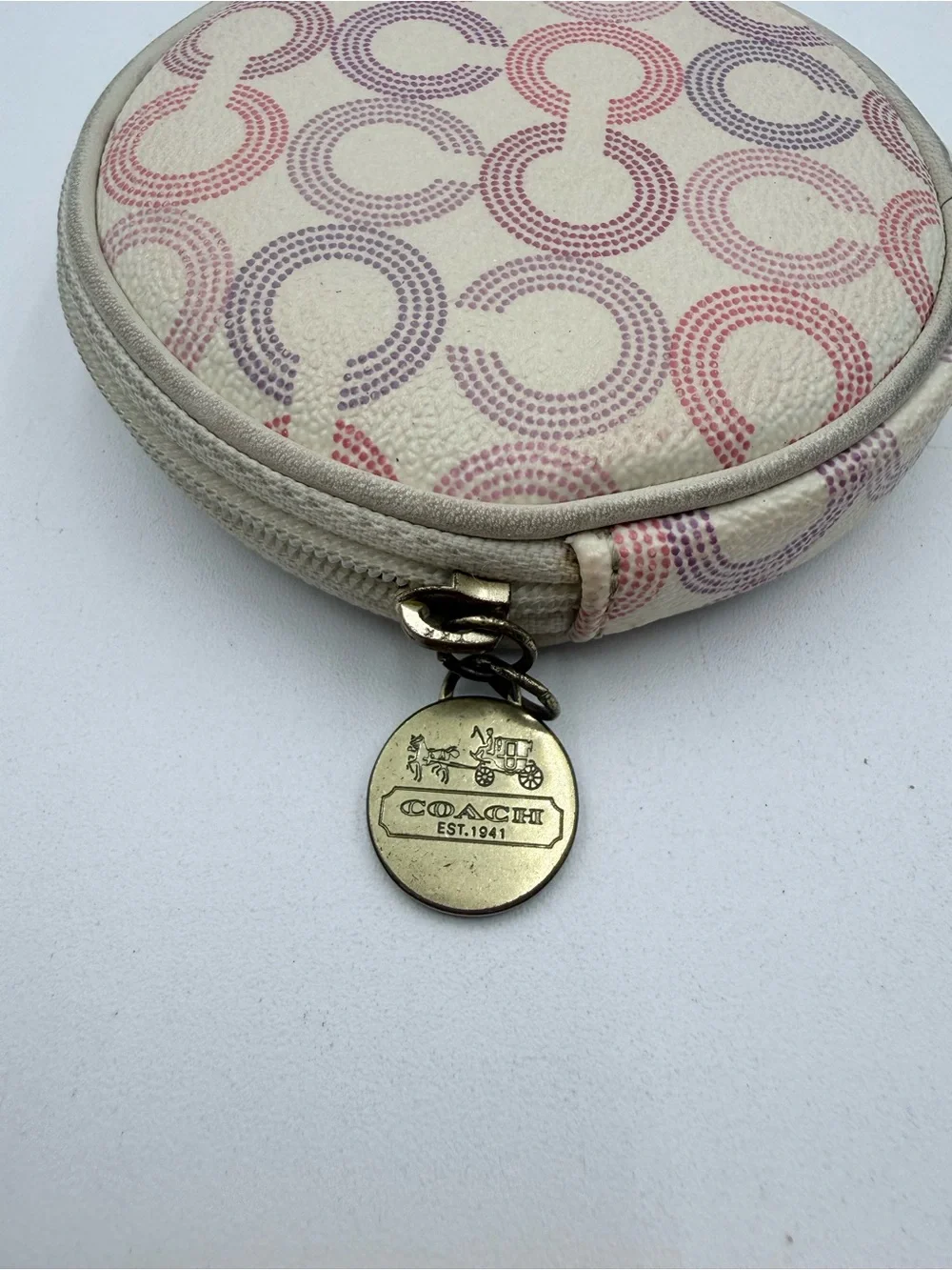 COACH Y2K Waverly Opt Art Signature Round Leather Coin Purse Pink Purple Gold